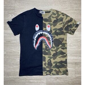 A Bathing Ape WGM Mens Split Camo Black Shark Head Graphic T-Shirt Men's SMALL